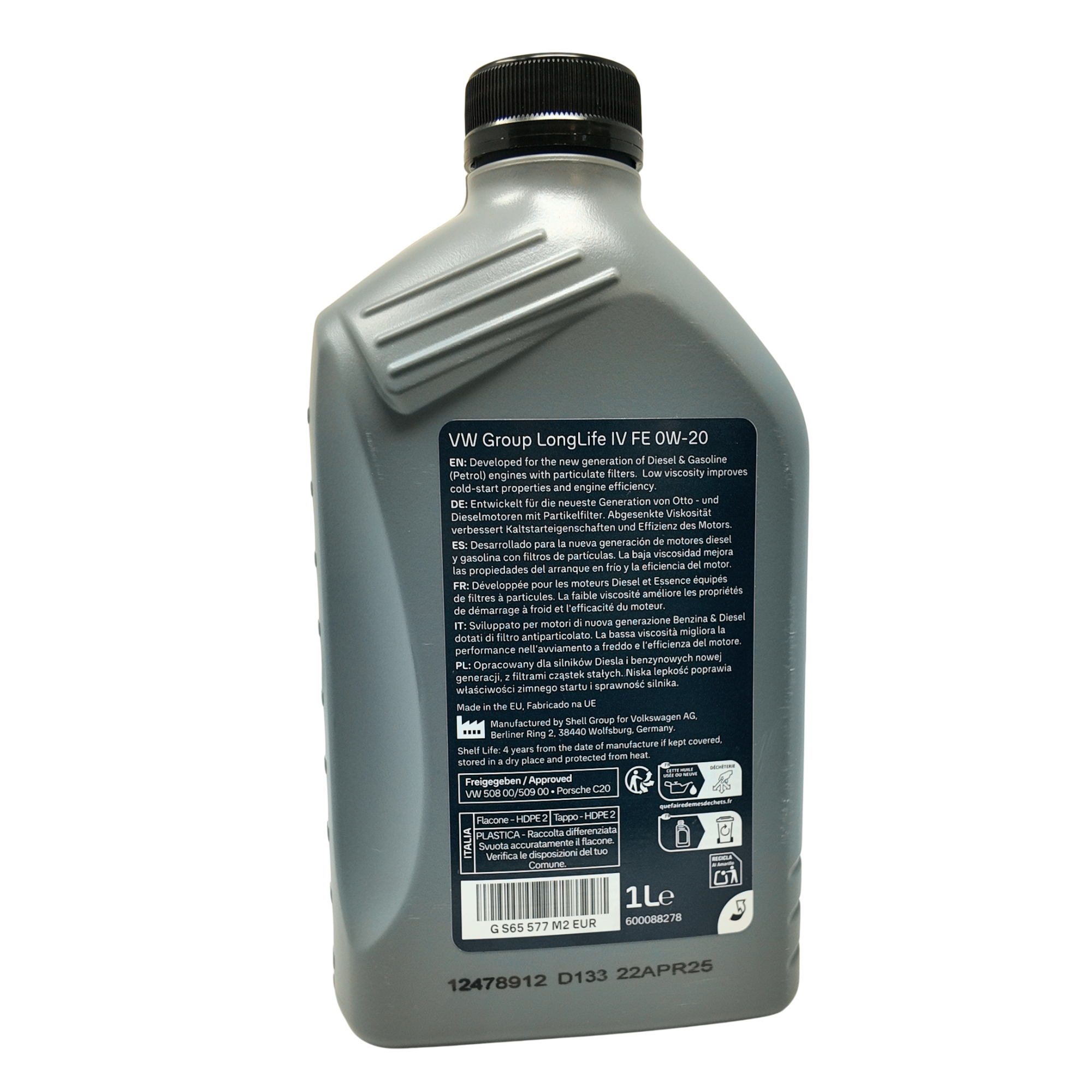 Lubricante 0W20 Volkswagen 1L alta limpieza y protección para motores grupo VAG desde 2018