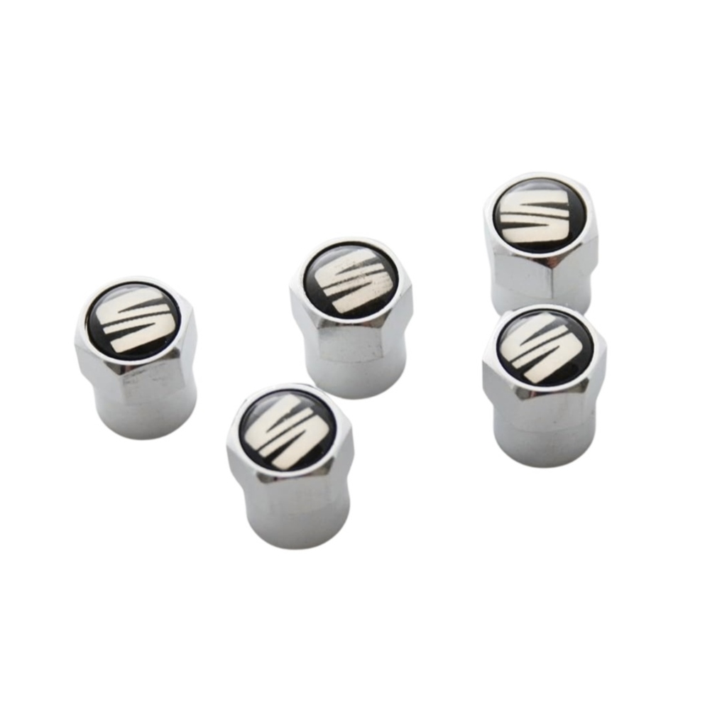 Capuchons de valve Seat | Kit de 5 en aluminium argenté, logo SEAT en résine, universel (000092782A)