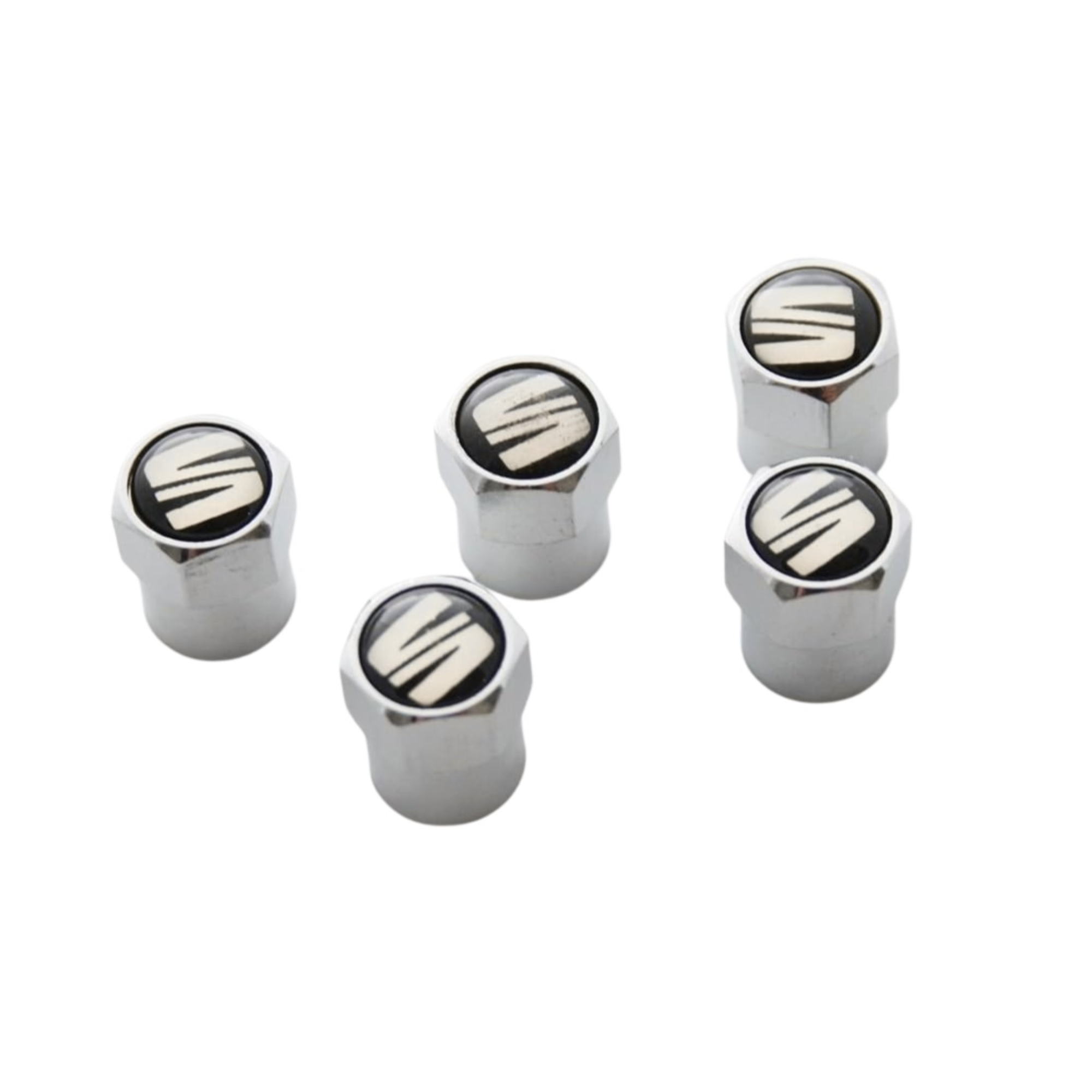 Tapones válvulas Seat | Set de 5 aluminio plata, logo SEAT en resina, universal (000092782A)