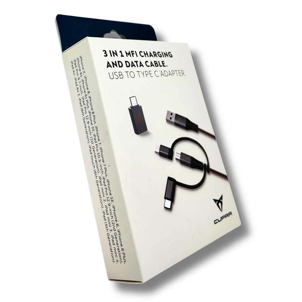 Cable carga 3 en 1 CUPRA 1m USB-C/Micro/Lightning 2.4A (000051444AR)
