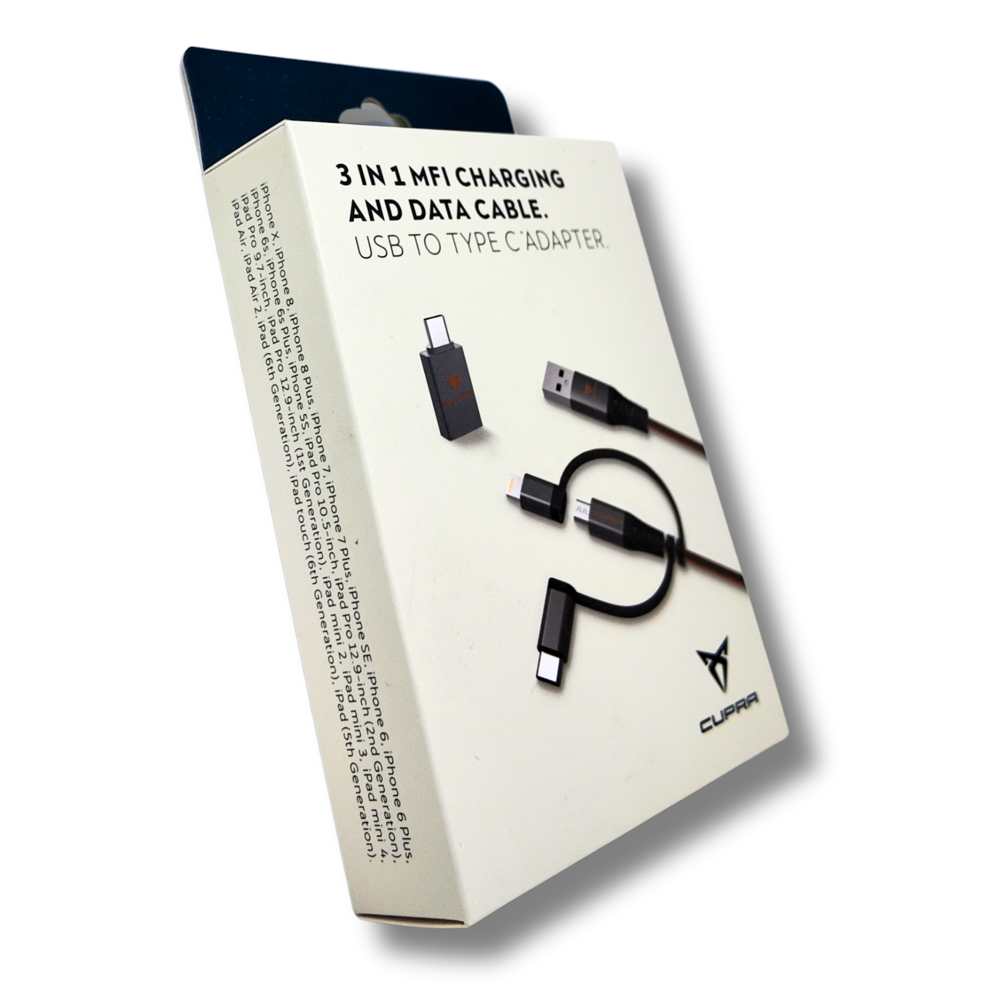 Cable carga 3 en 1 CUPRA 1m USB-C/Micro/Lightning 2.4A (000051444AR)