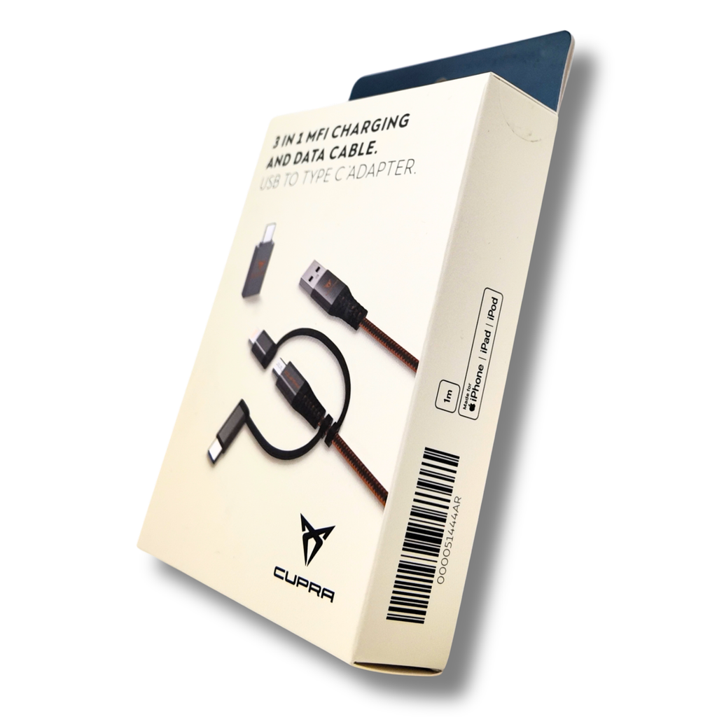 Cable carga 3 en 1 CUPRA 1m USB-C/Micro/Lightning 2.4A (000051444AR)