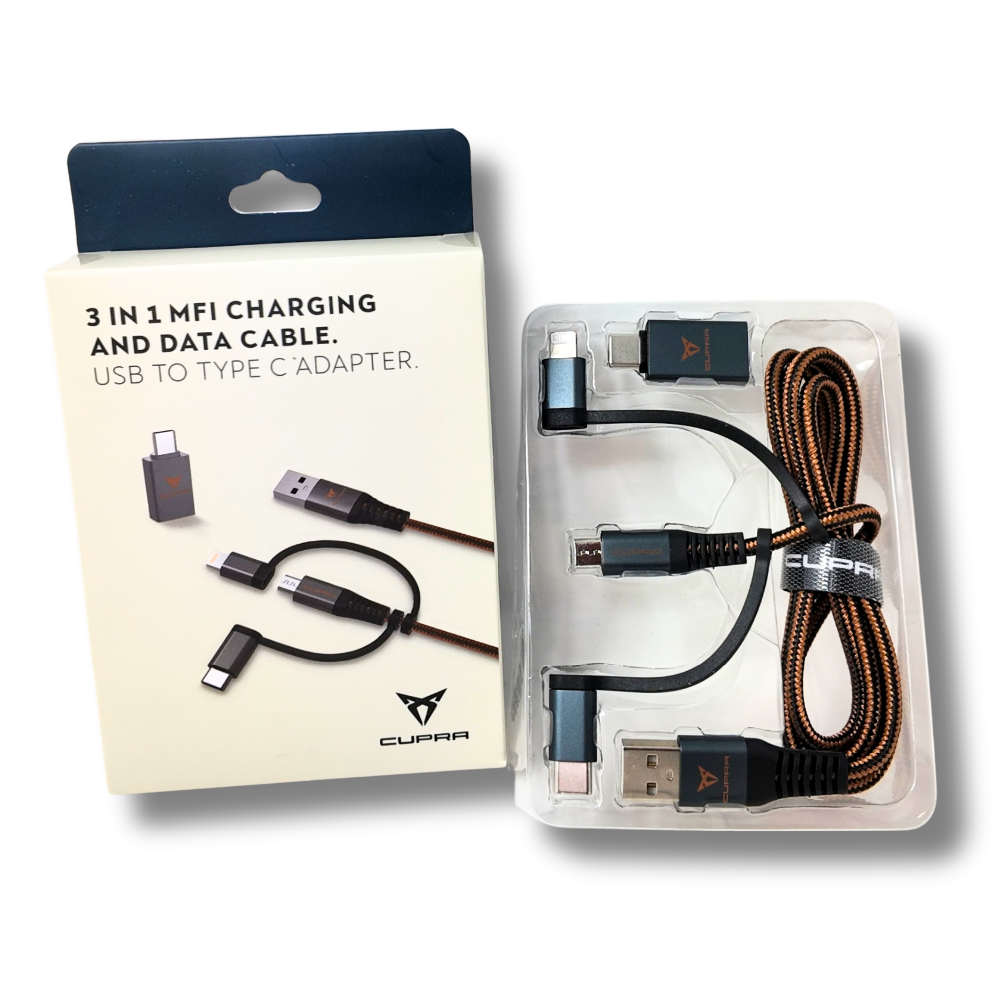 Cable carga 3 en 1 CUPRA 1m USB-C/Micro/Lightning 2.4A (000051444AR)