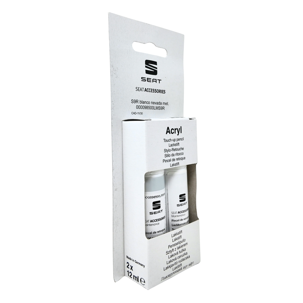 Lápiz retoque bicapa Seat | Nevada White, kit color + barniz original (000098500LMS9R)