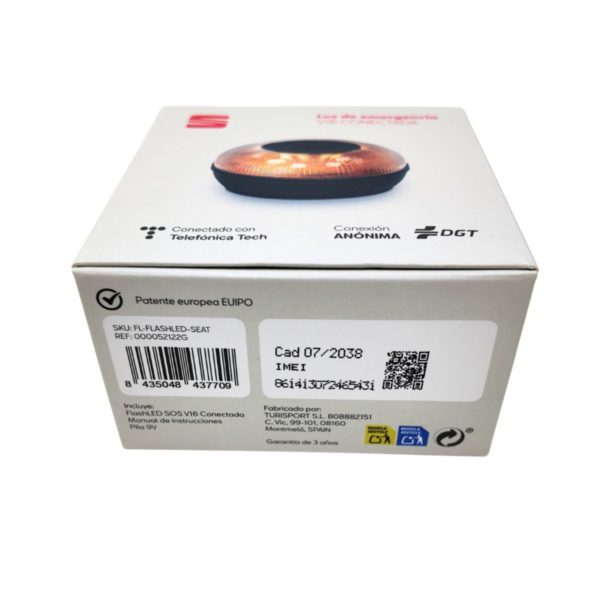 Luz de emergencia V16 SEAT con 3 pilas AAA incluidas y modo linterna blanca.