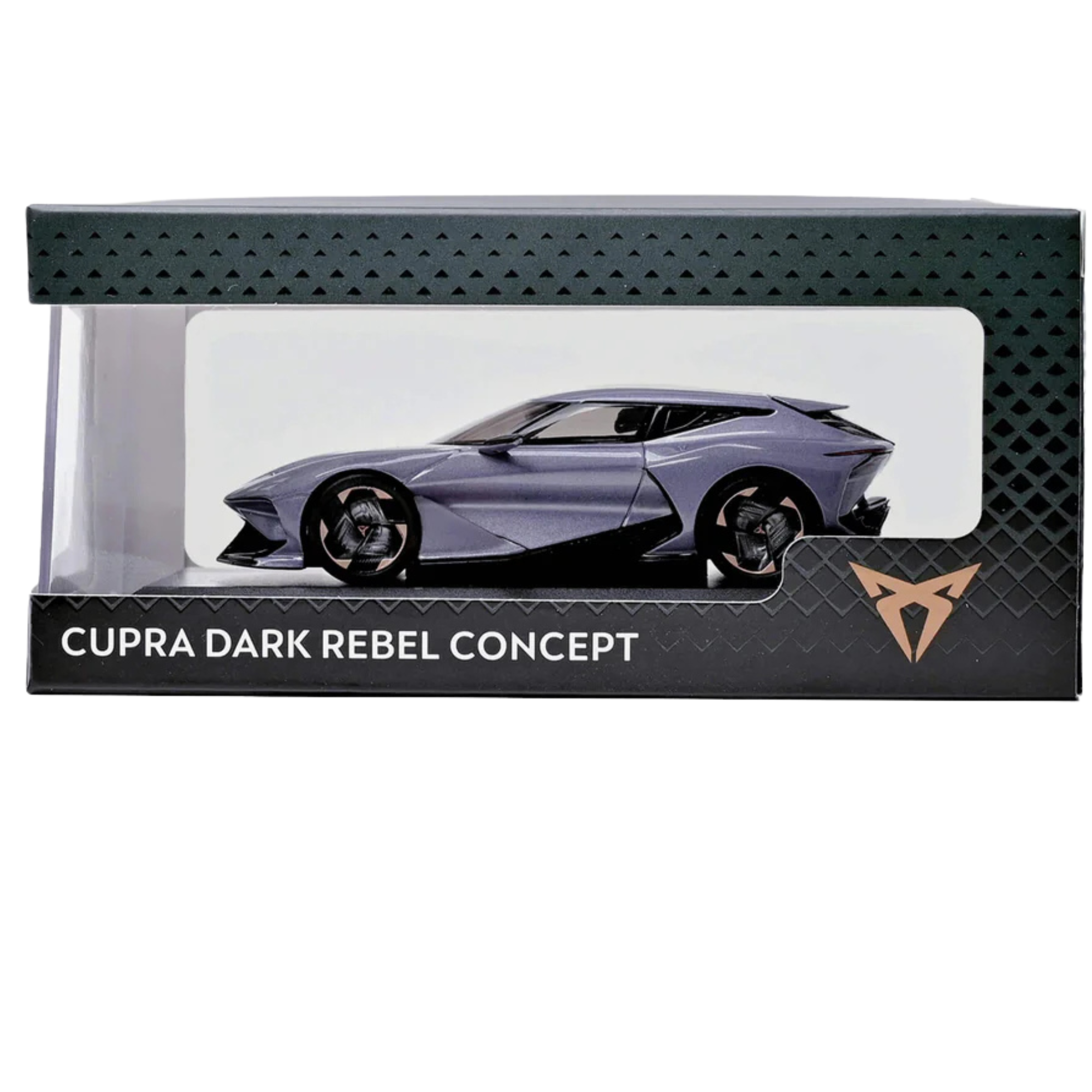Miniatura oficial CUPRA DarkRebel Liquid Gold presentada en caja original CUPRA.