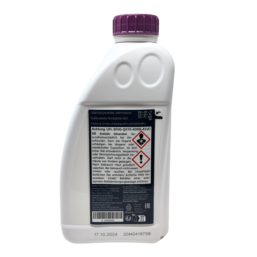 Refrigerante-anticongelante G12 EVO Grupo VAG (Volkswagen, Audi, SEAT, Cupra, Skoda), 1L.