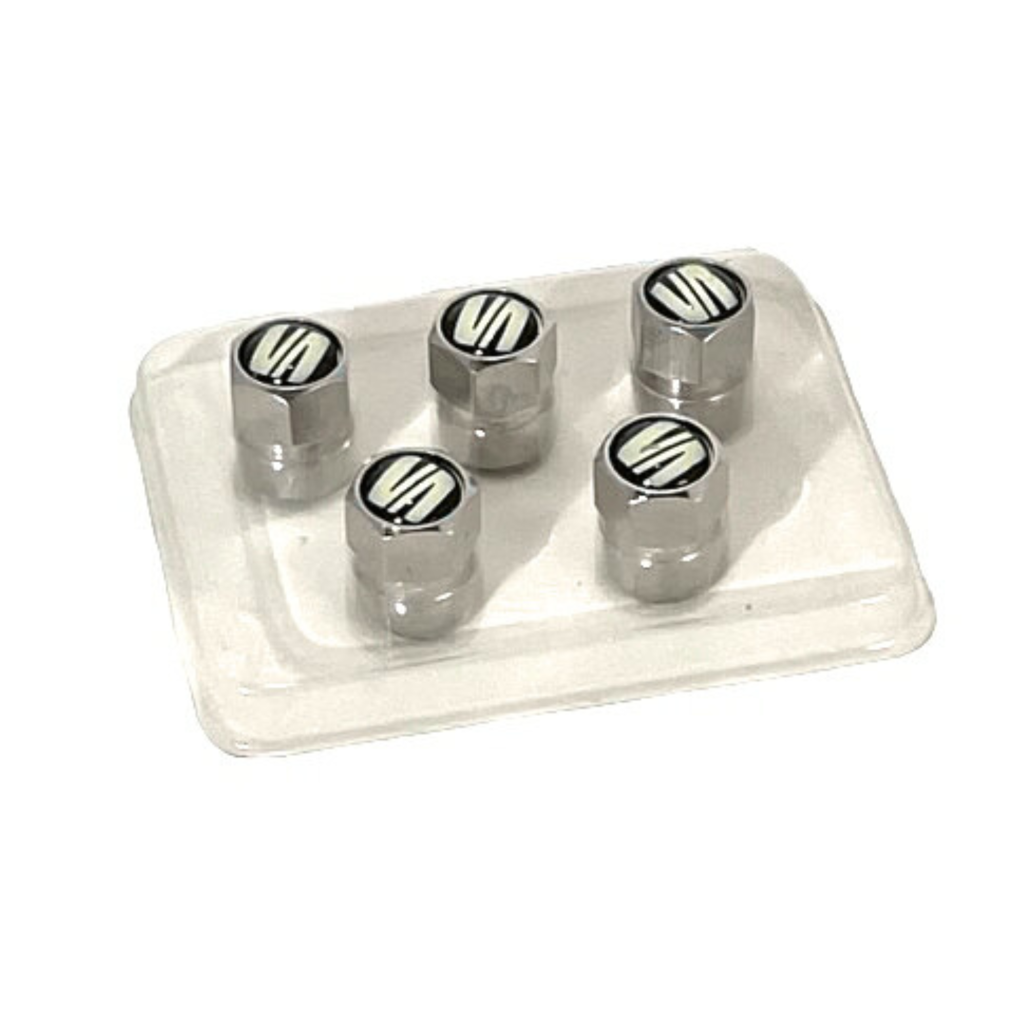 Tapones válvulas Seat | Set de 5 aluminio plata, logo SEAT en resina, universal (000092782A)
