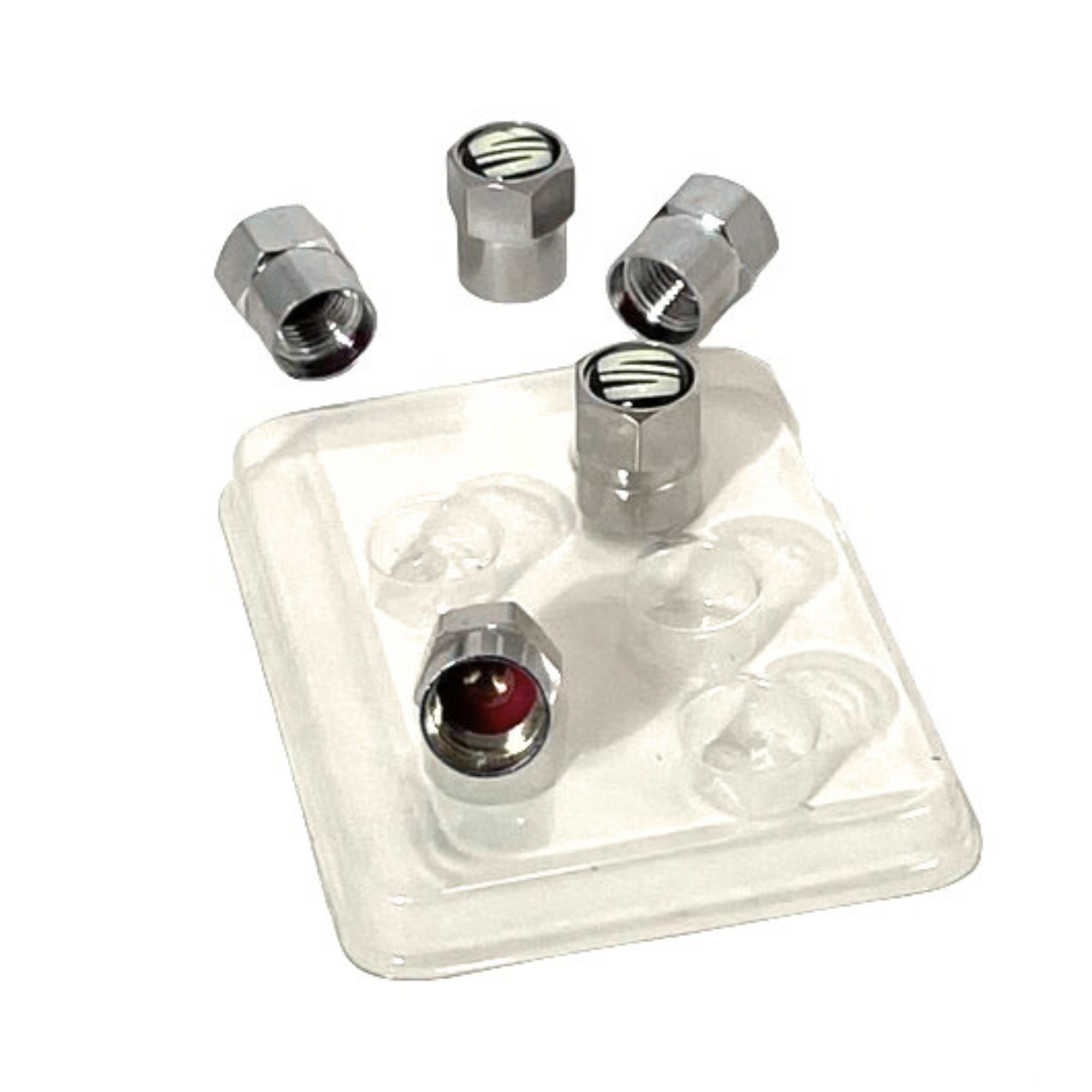Tapones válvulas Seat | Set de 5 aluminio plata, logo SEAT en resina, universal (000092782A)